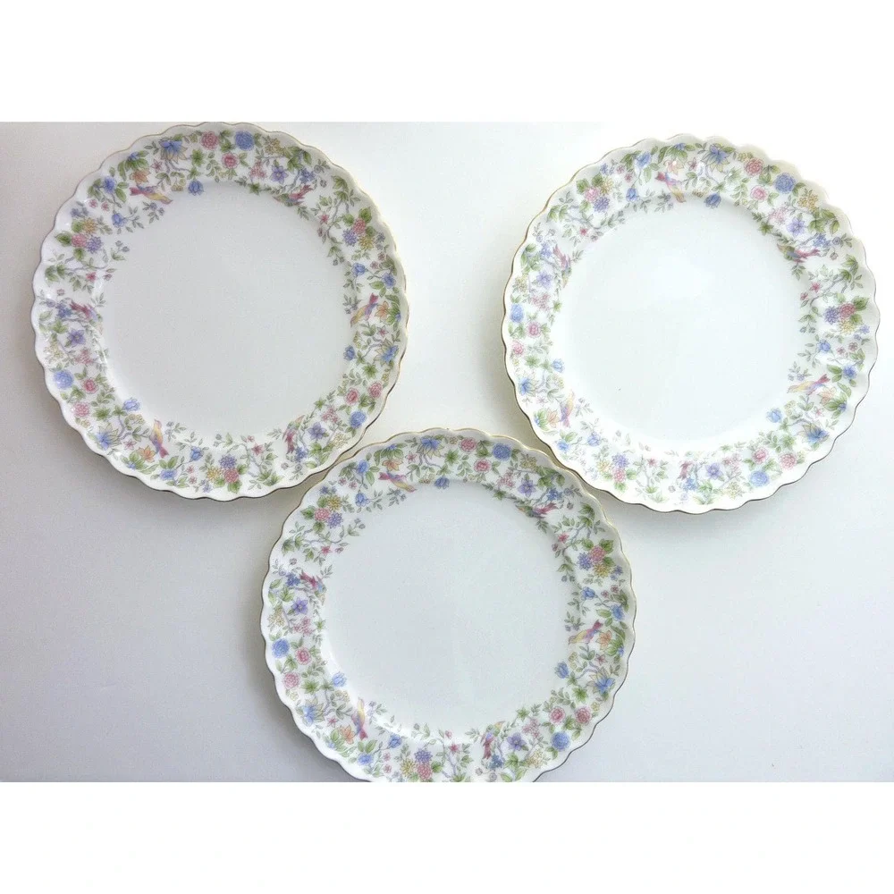 Momoyama Vintage Japanese Bone China Dinner Plates Birds Floral Gold Trim Set 3
